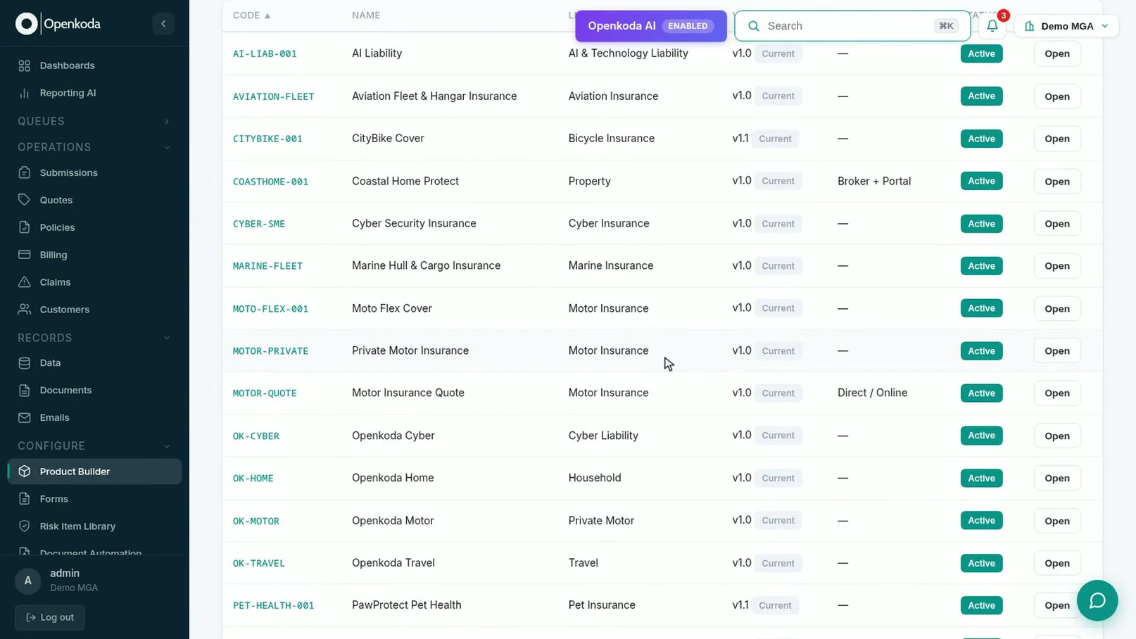 The product catalogue listing aviation, bicycle, property, cyber, marine, motor, household, travel and pet products, with AI Liability among them