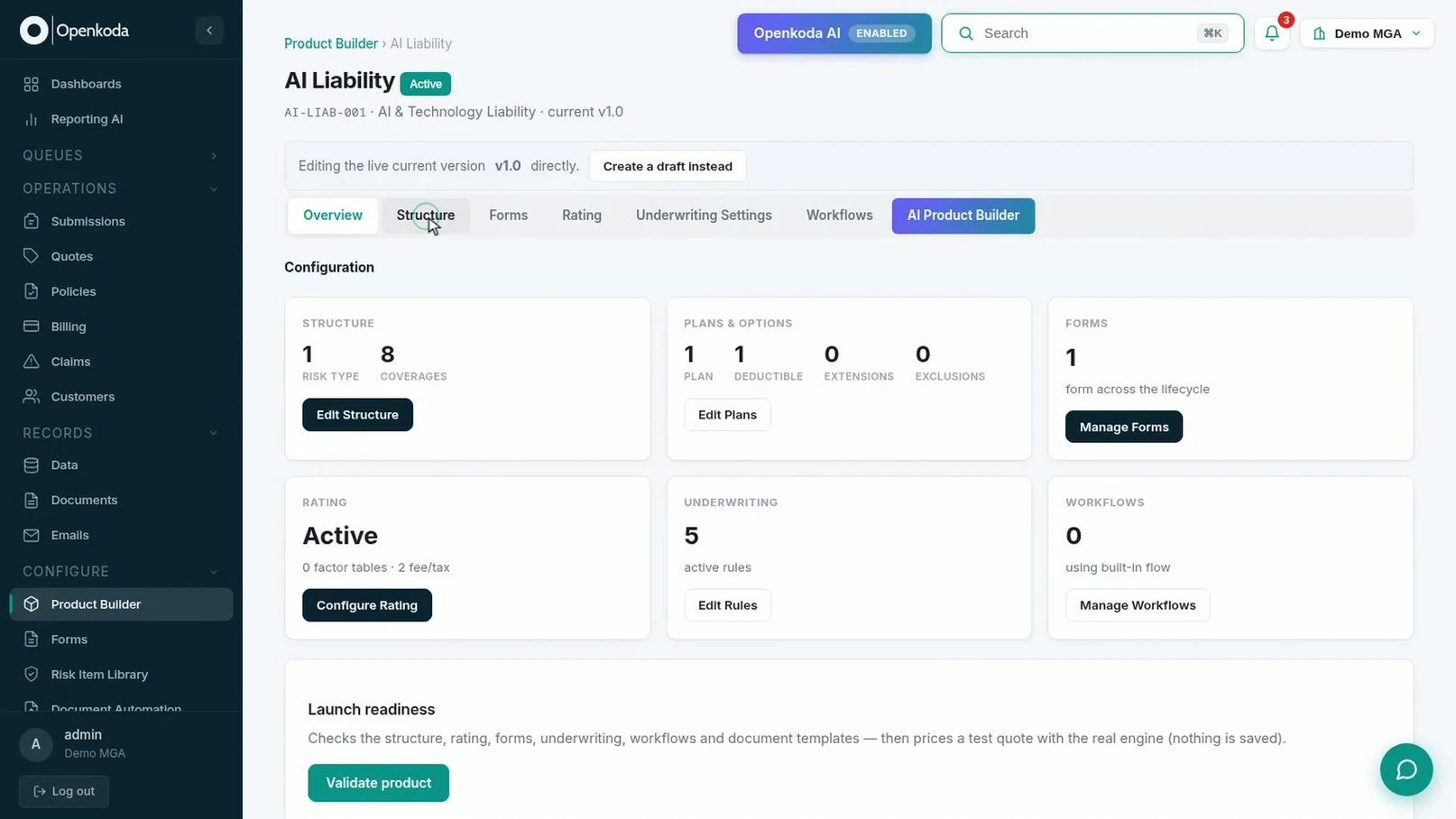 The AI Liability product overview: one risk type with eight coverages, one plan, one form, rating active, five underwriting rules
