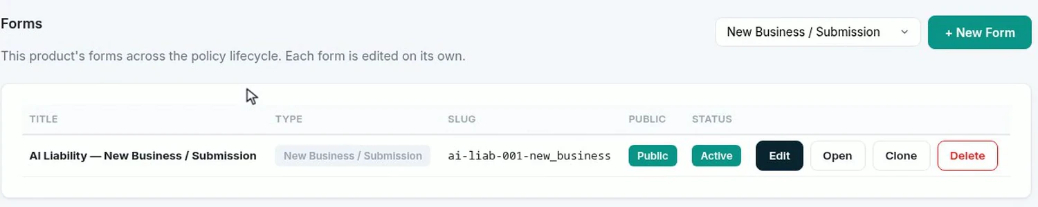 The product's Forms tab listing one public, active New Business / Submission form