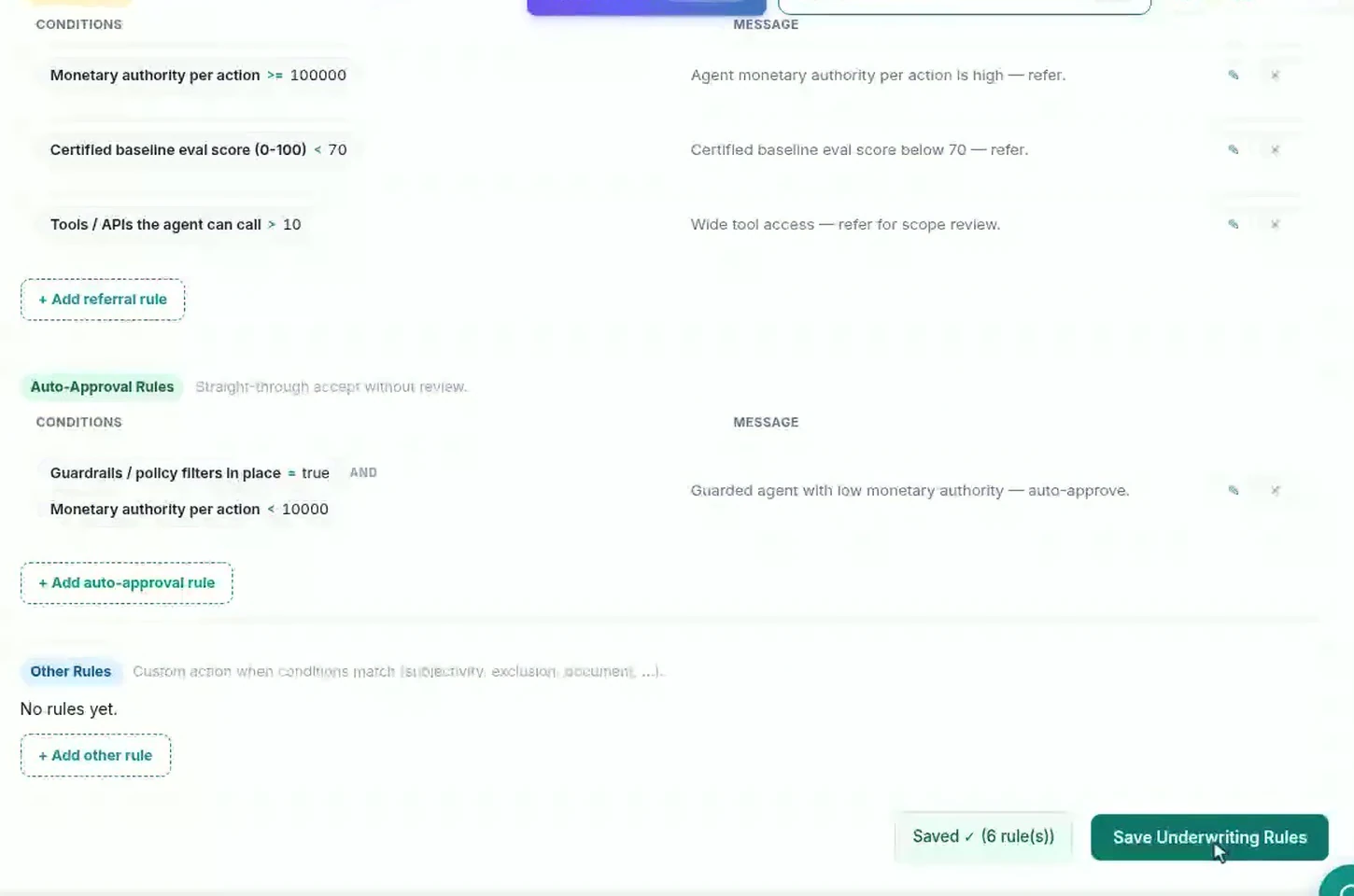 The saved referral rules now including tools and APIs greater than 10, with a confirmation that six rules were saved