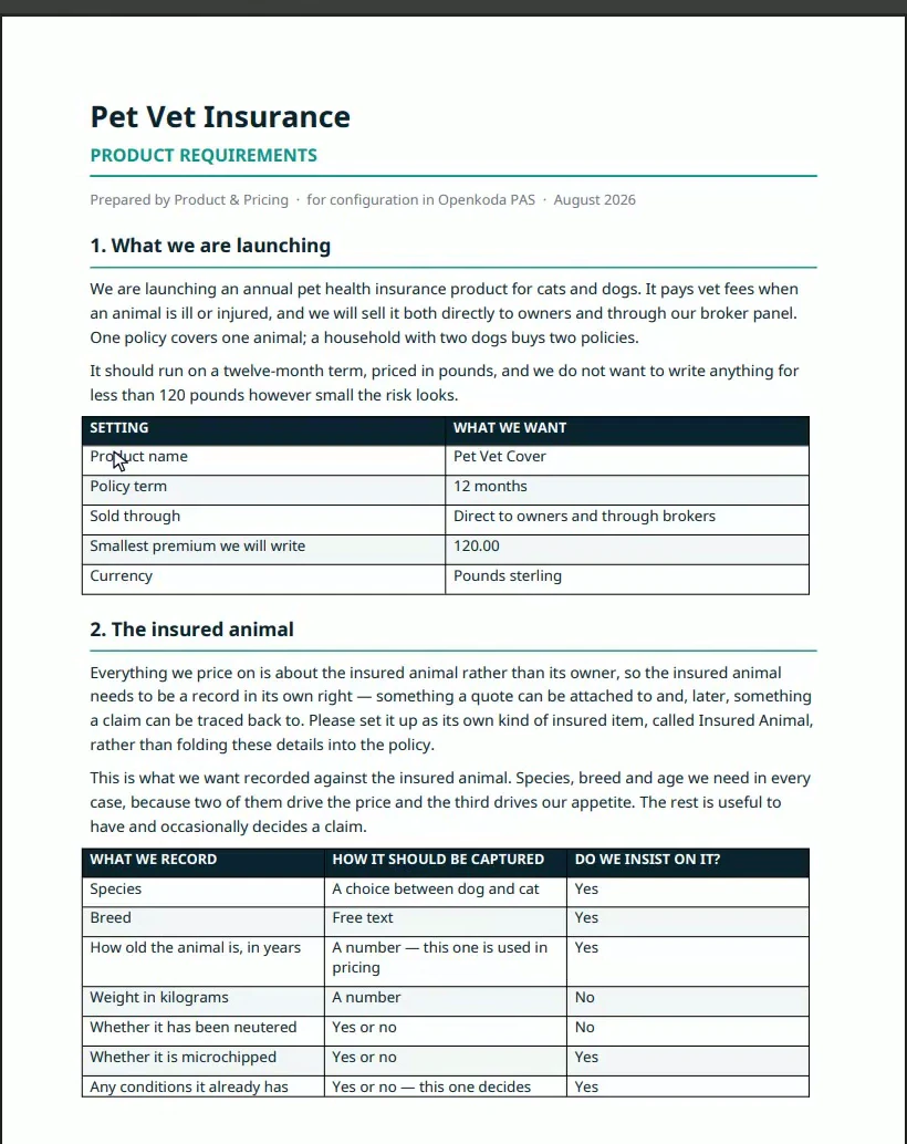 Page one of a pet insurance requirements document: what we are launching, a settings table, and the start of the insured animal section