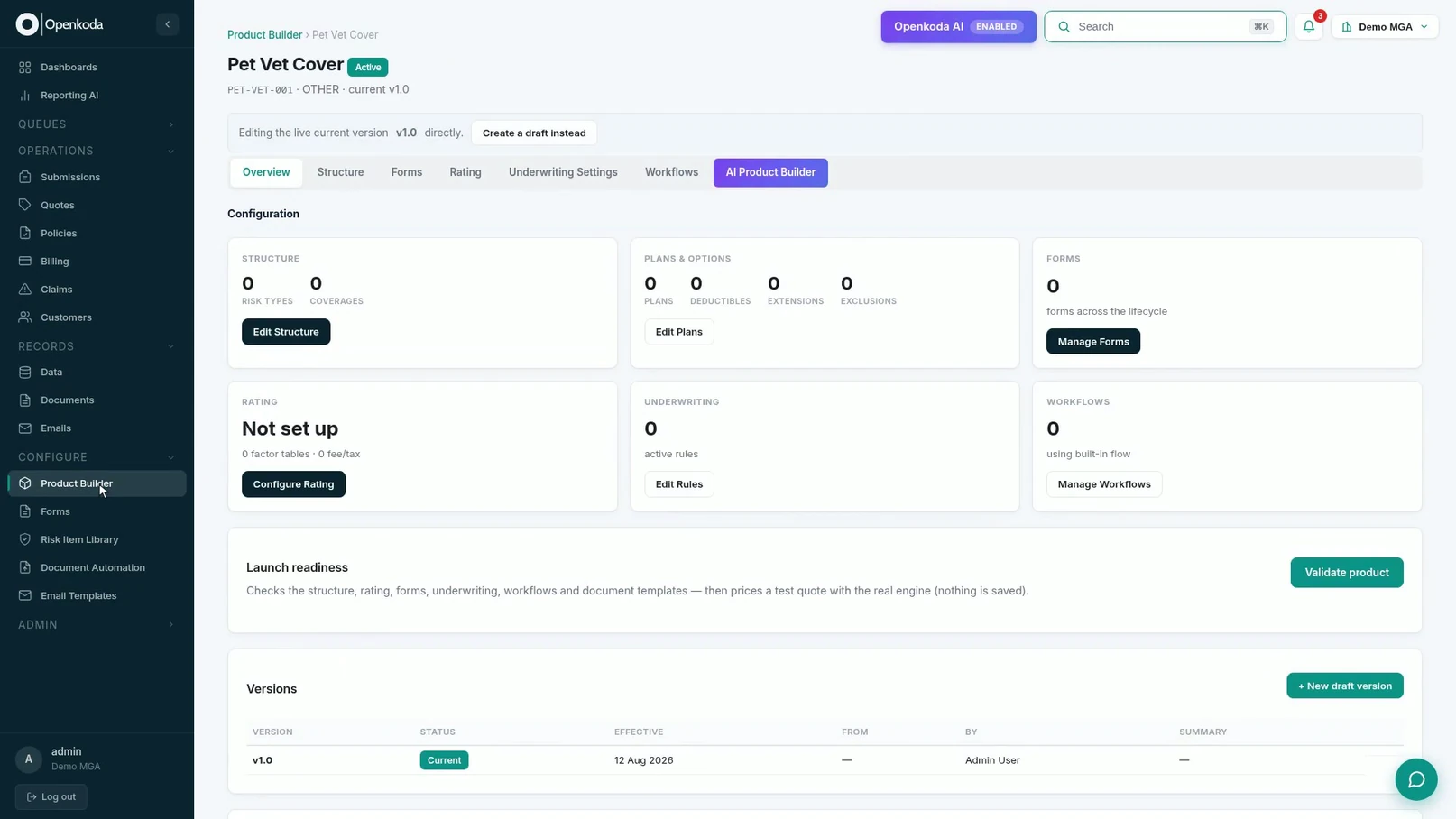 The product overview for Pet Vet Cover showing zeros across structure, plans, forms, rating, underwriting and workflows