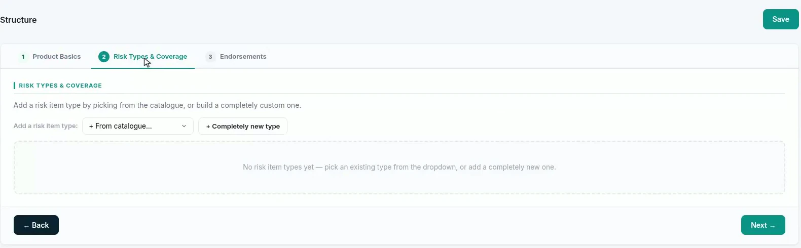 The Structure tab of the empty product, reporting no risk item types yet