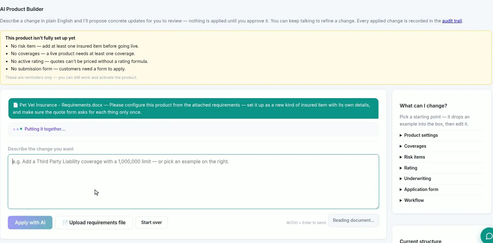 The AI Product Builder tab with the requirements file attached and a one-line instruction, above the panel listing what the product is still missing