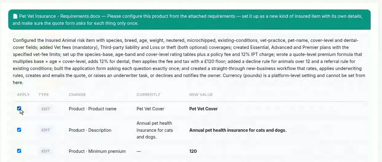 The top of the builder's proposal: a paragraph summarising what it would configure, then rows with apply checkboxes, the current value and the new value