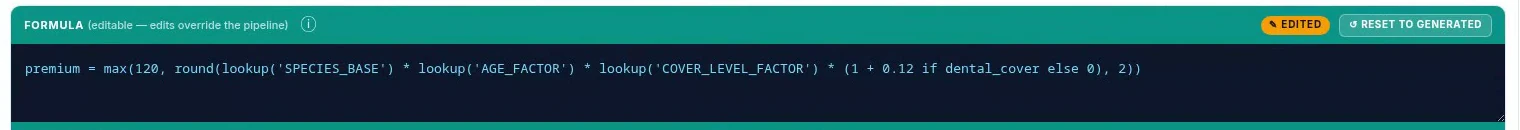 The generated premium formula multiplying the species base by the age factor and the cover level factor, adding the dental loading, with a minimum of 120