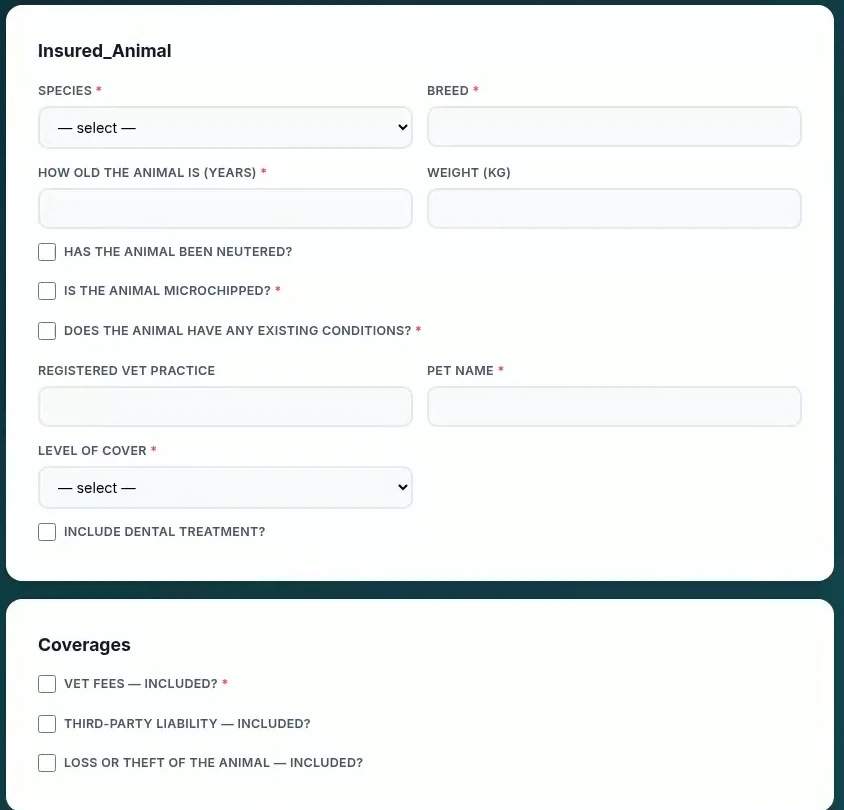 The generated quote form showing the animal's questions - species, breed, age, weight, neutered, microchipped, existing conditions, vet practice, pet name, cover level and dental - and the coverage checkboxes