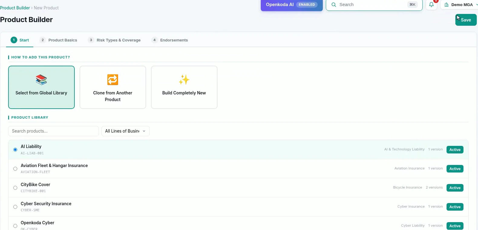 The new product screen offering three routes: pick from the global library, clone an existing product, or build from scratch