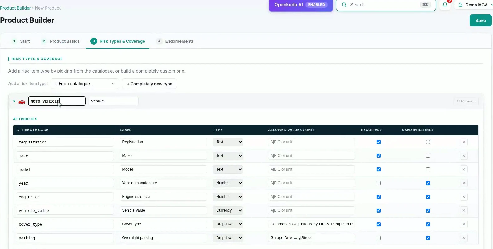 The structure step with the risk type being given a new code, forking a private copy of the shared definition