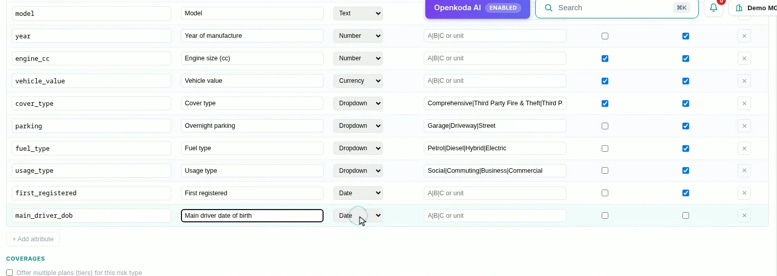 The attribute list with fuel type, usage type, first registered and main driver date of birth added, each ticked as used in rating