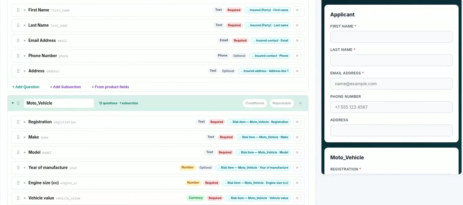 The quote form generated from the definition, with the four new attributes already rendered as dropdowns and date pickers