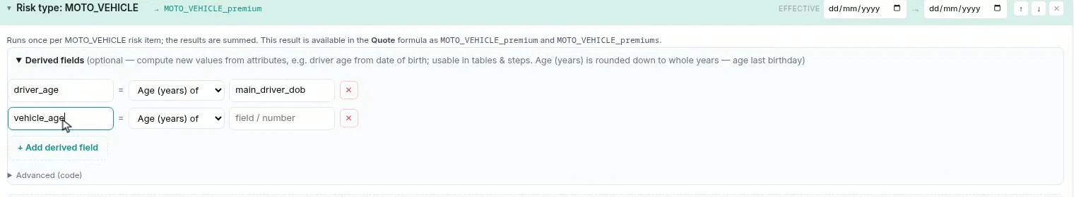Two derived fields defined as age in years of a date the record already carries - driver age and vehicle age