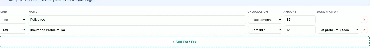 The taxes and fees step with a flat policy fee and insurance premium tax charged on premium plus fees