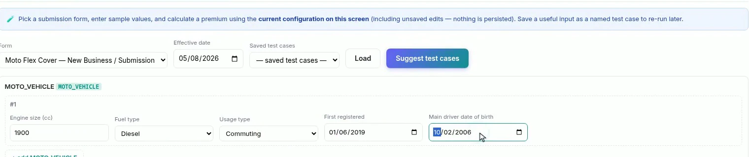 The test panel asking only for the fields the calculation uses: engine size, fuel type, usage, first registered and the driver's date of birth