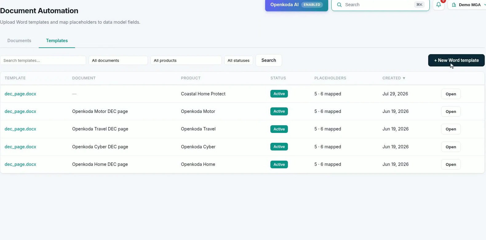 The document automation library listing Word templates, each bound to a record type and a product with a placeholder count and a version