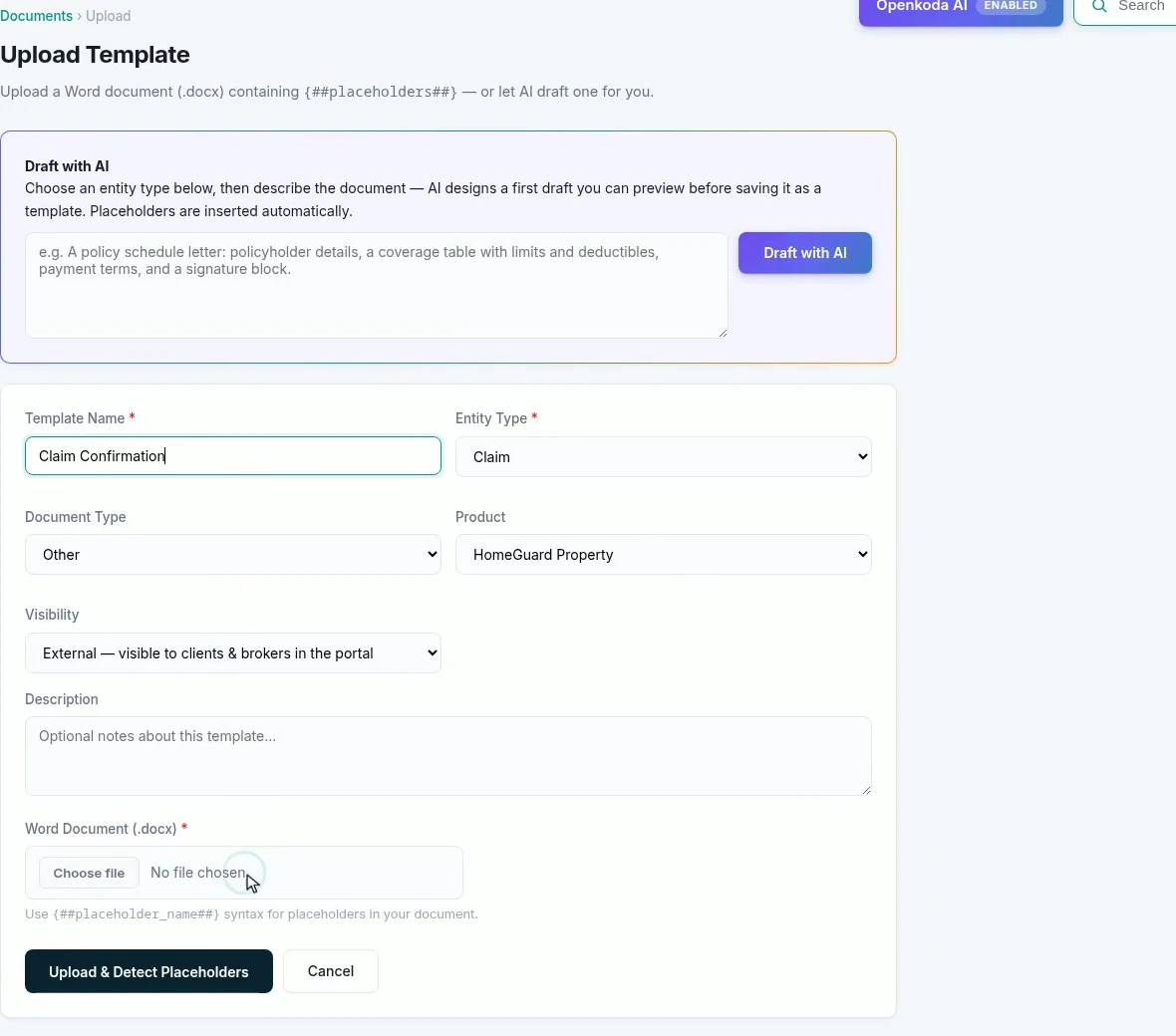 The upload form with the template named, the entity type set to Claim, the product scoped, visibility external and the document type left as Other