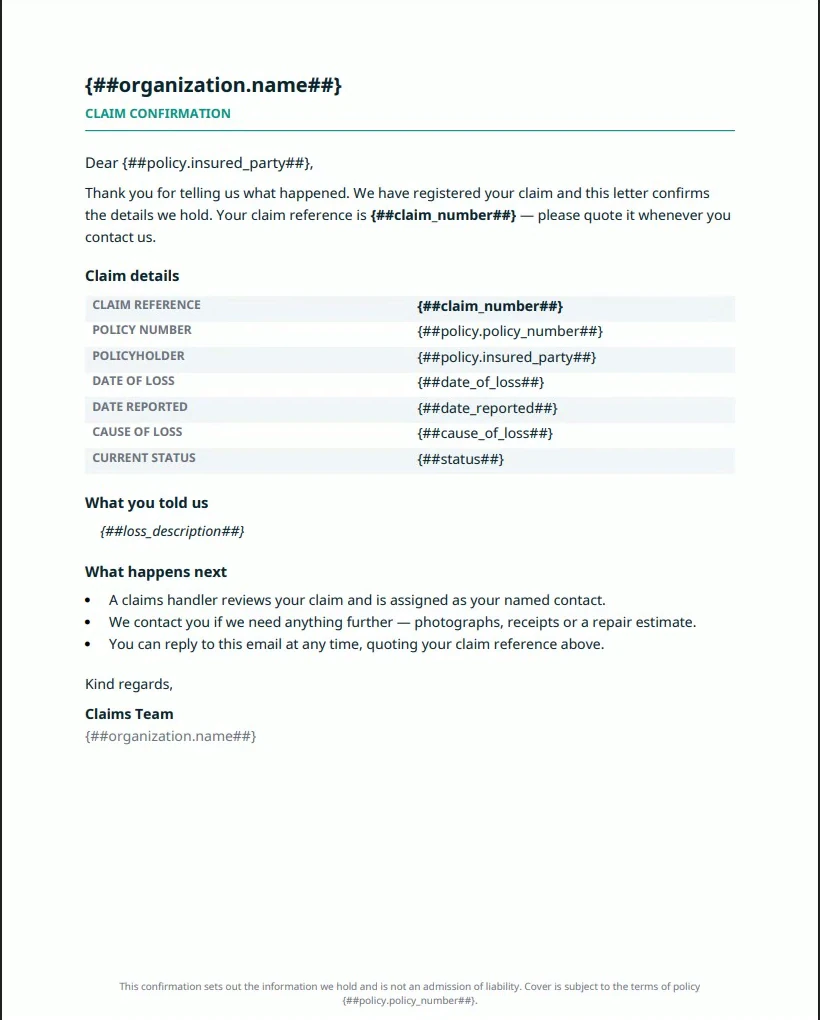 The claim confirmation letter in Word: normal layout and wording, with placeholders in curly braces wherever the claim's data belongs