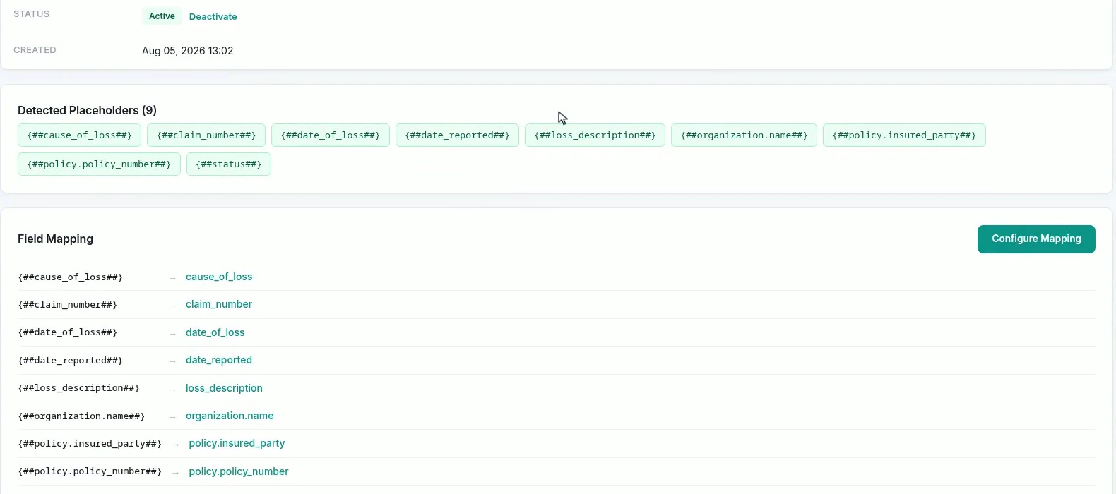 The uploaded template page listing nine detected placeholders and a mapping table binding each to a field on the claim