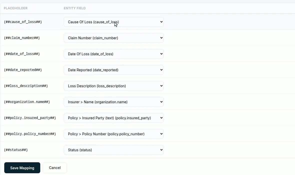 The configure mapping screen with one dropdown per placeholder, showing which field on the claim or its policy each one draws from