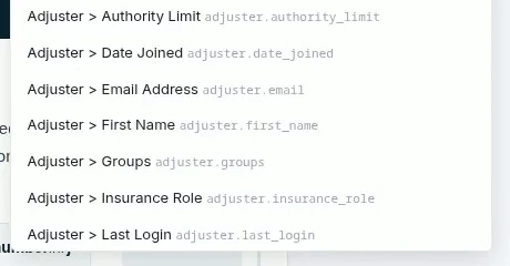 The insert-placeholder menu in the email editor, listing the fields a claim carries
