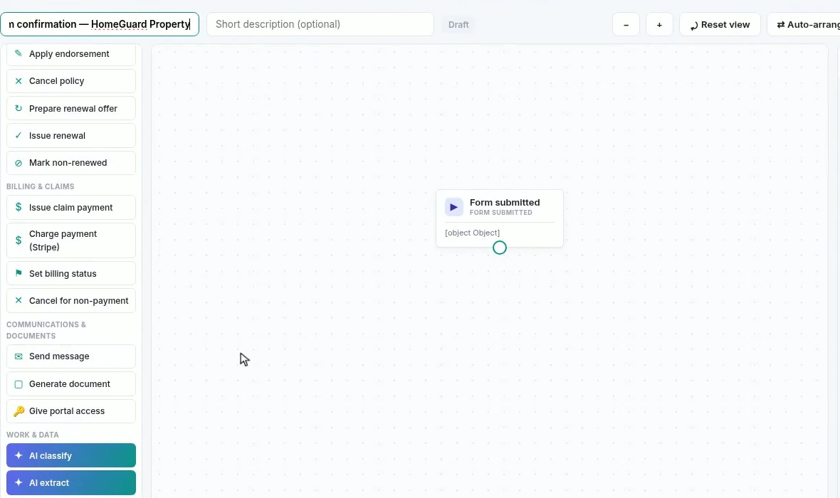 The workflow editor with a palette of triggers, actions and control-flow steps beside a canvas holding the first node