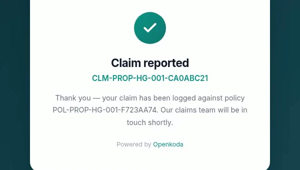 The confirmation shown after submitting, with the new claim reference