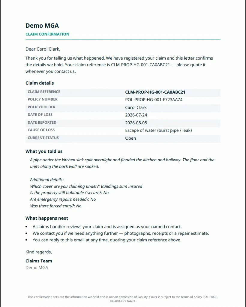 The generated confirmation letter, the same template filled in with the claimant's name, the claim reference, the policy, the dates, the cause of loss and her description