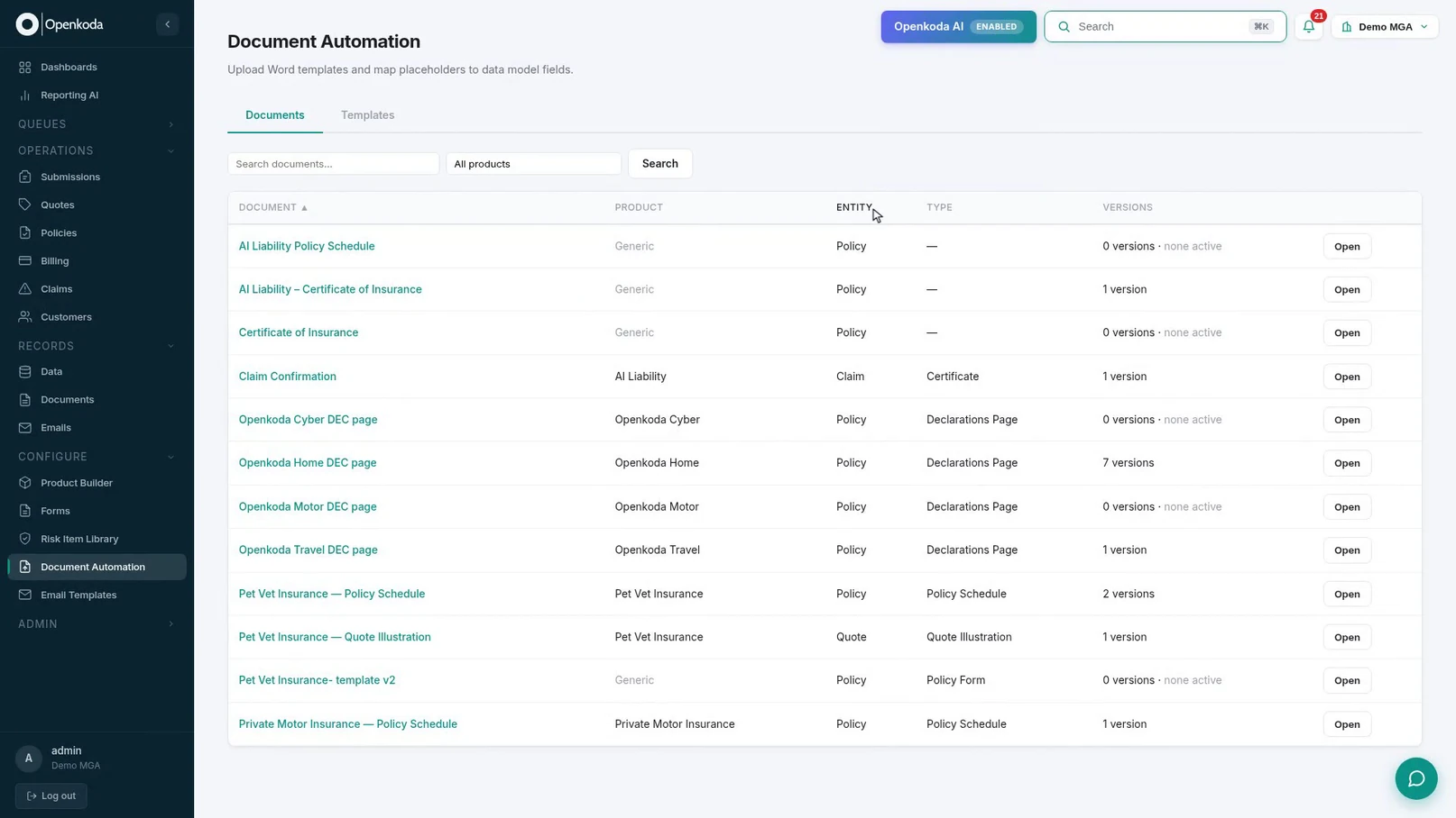 Openkoda Document Automation list showing every document the organization produces, with product, entity, type and version count