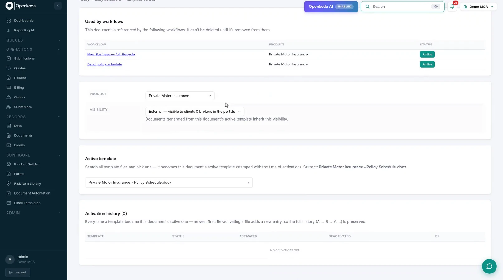 The Private Motor Insurance policy schedule document page, showing the workflows that use it, its visibility setting, its active template and an empty activation history