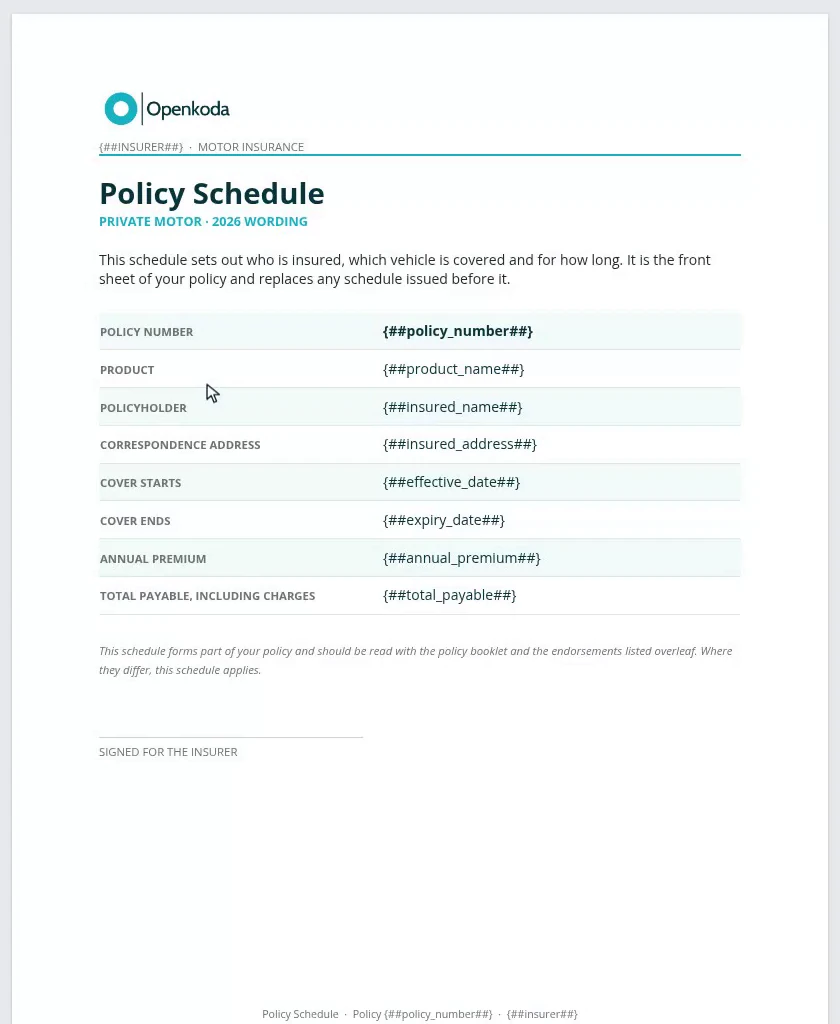Page one of the Word policy schedule template, with {##policy_number##}, {##insured_name##} and other placeholders in the table