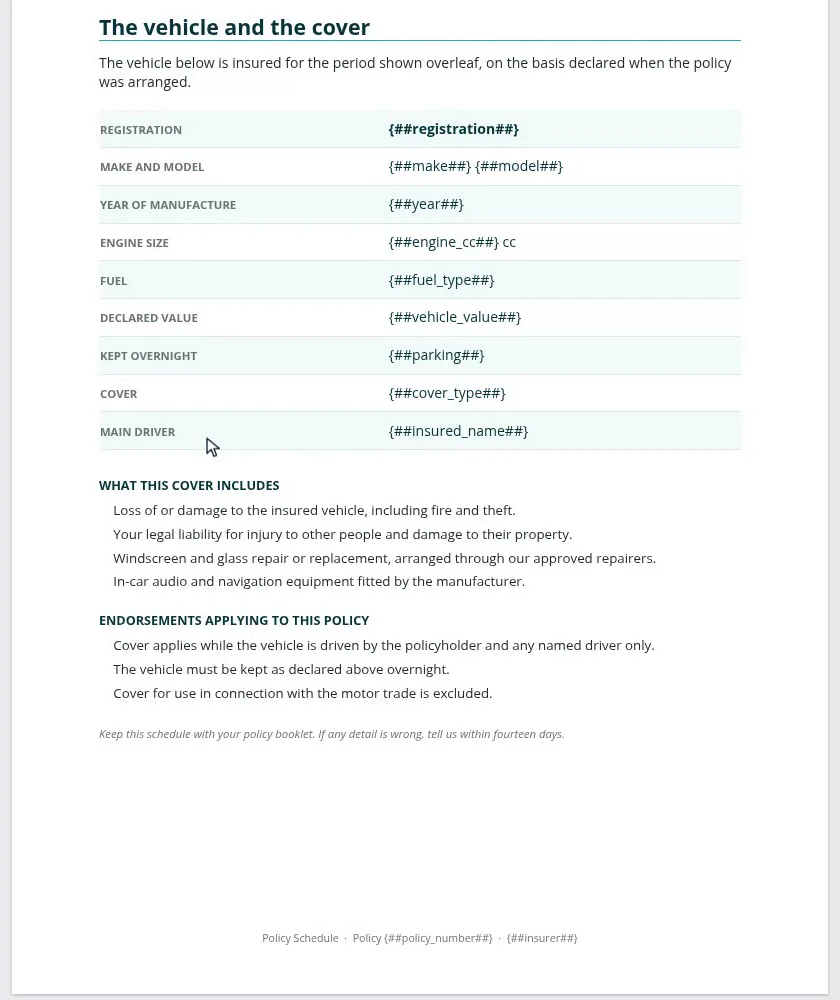 Page two of the Word template, the vehicle and cover section, with registration, make, model and cover-type placeholders