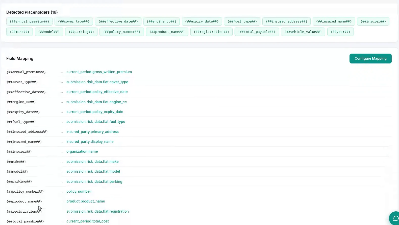 The uploaded template page listing 18 detected placeholders and a field mapping table binding each one to a policy field