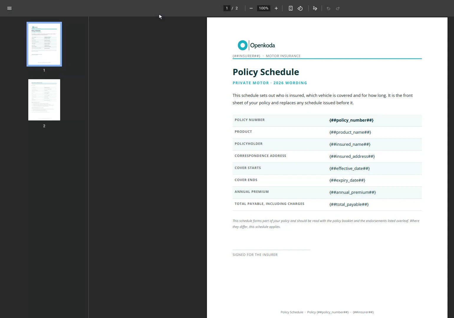 The template previewed as a two-page PDF in the browser, placeholders still unfilled
