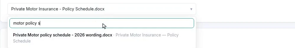 The active-template picker open on the document page, filtered to the 2026 wording file