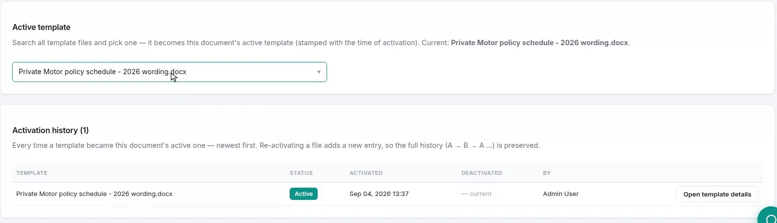 The document page after the switch, showing the 2026 wording as active template and one entry in the activation history