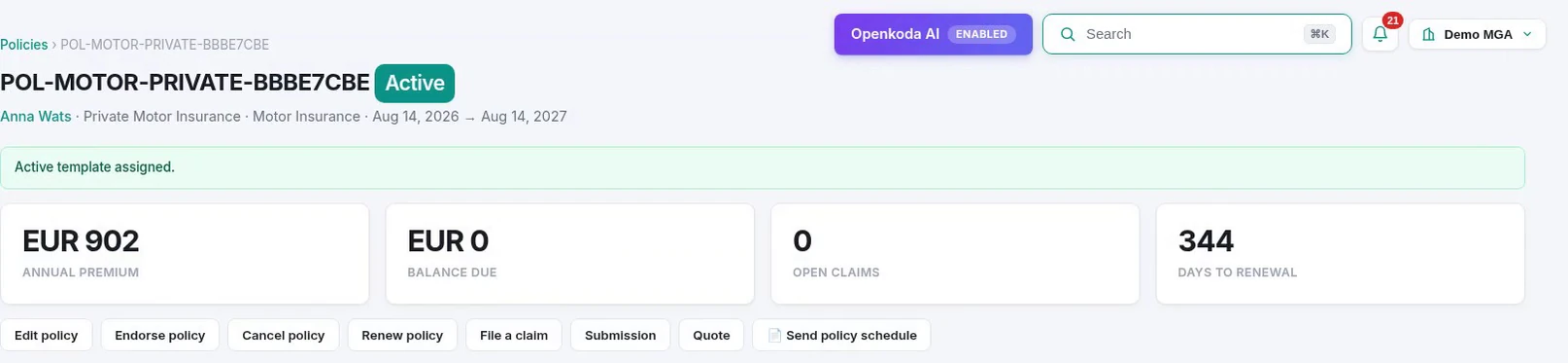A motor policy record with a Send policy schedule button in its action row