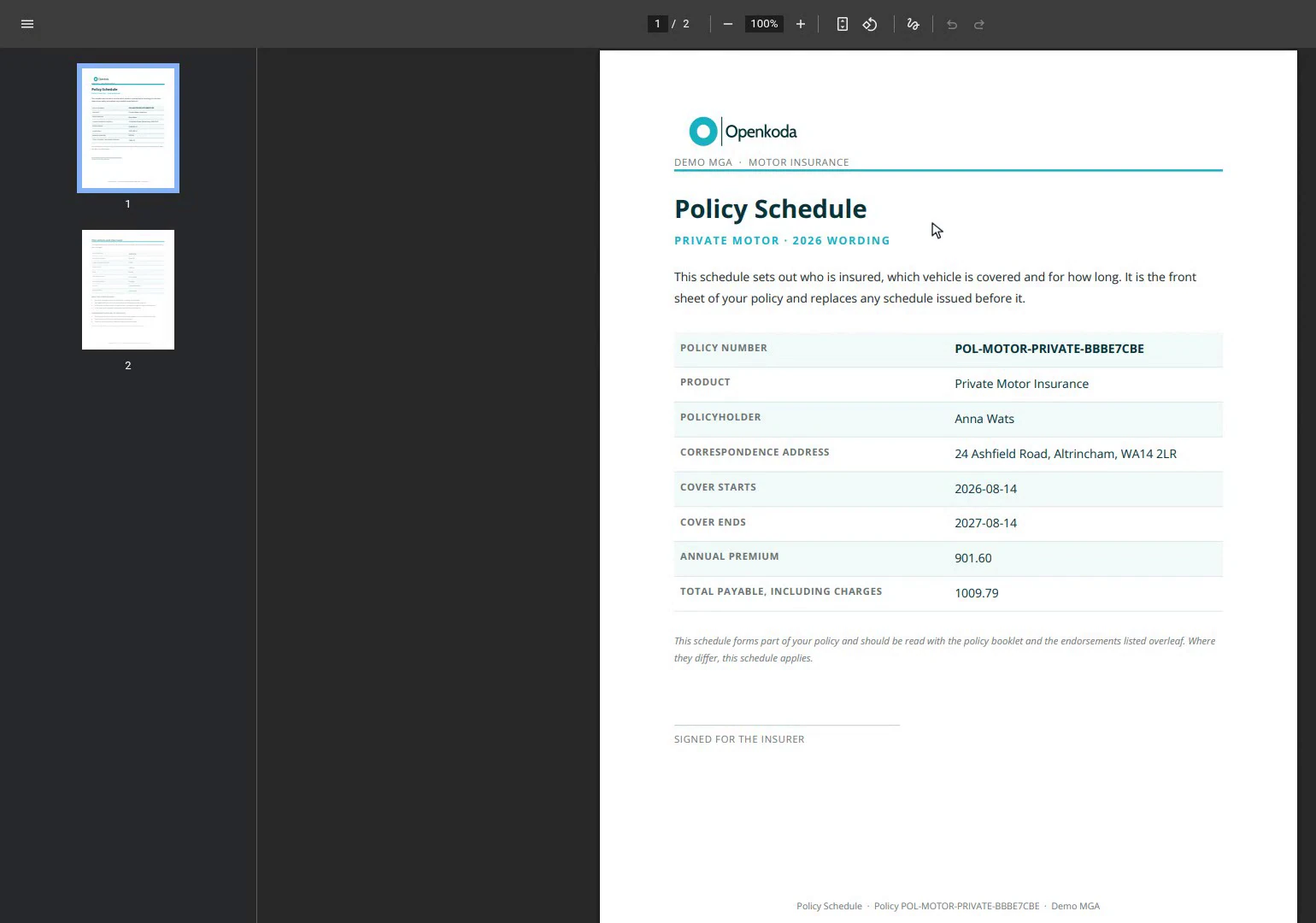 The generated PDF, page one, filled in with the policy number, policyholder, address, cover dates and premium