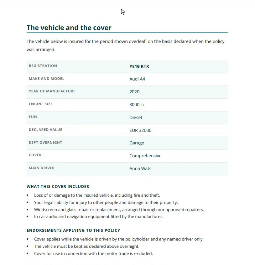 Page two of the generated PDF, filled in with the vehicle registration, make and model, engine size, value and cover type