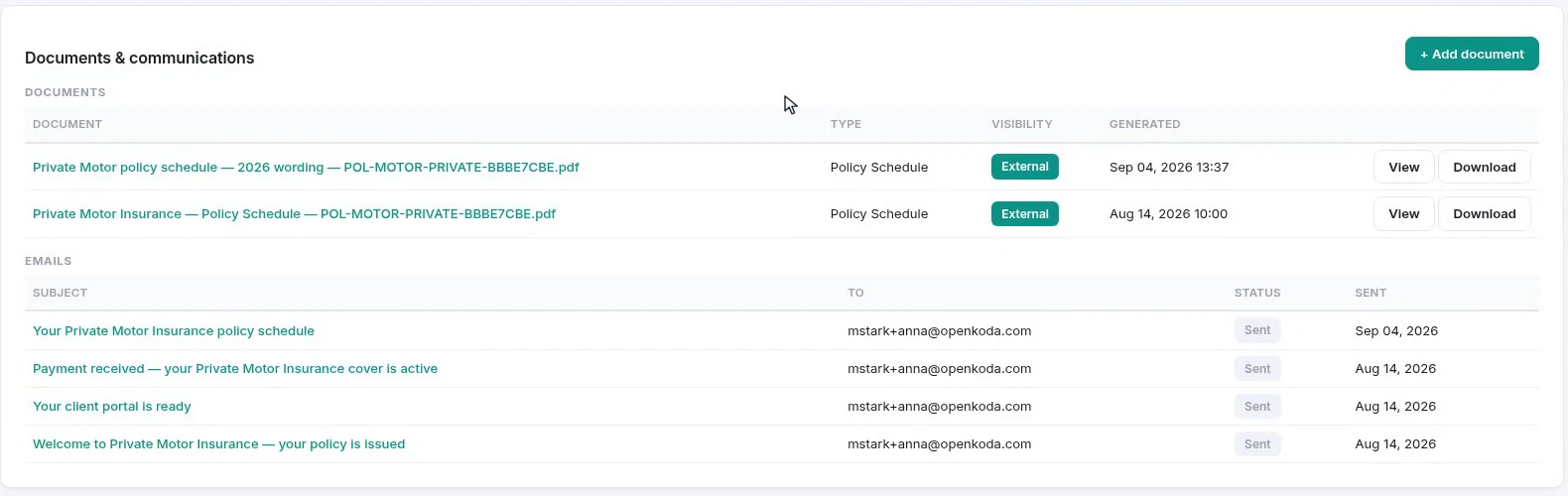The policy record's documents and communications panel, listing the newly generated policy schedule alongside the email that sent it