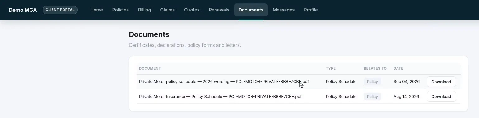 The client portal documents page, signed in as the insured, showing the new policy schedule available to download