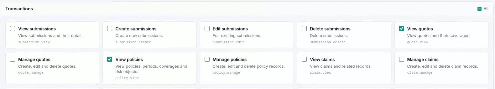 Two privileges ticked in the transactions group - view quotes and view policies - among many unticked ones