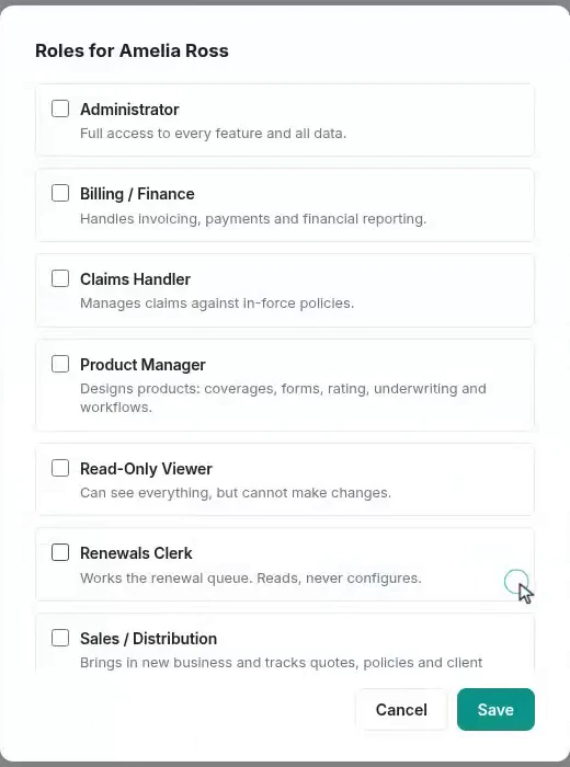 The roles dialog for a teammate, listing every role as a checkbox including the newly created one