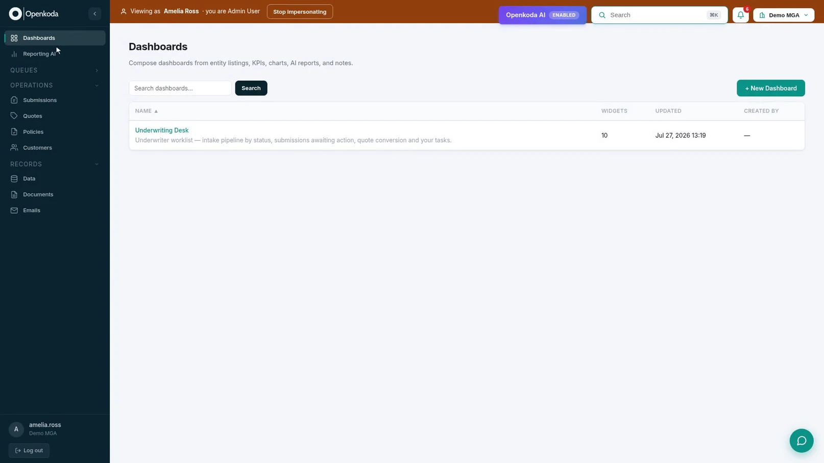 The application while impersonating a teammate: a banner naming who is being viewed as and who is really signed in, above a visibly shorter sidebar