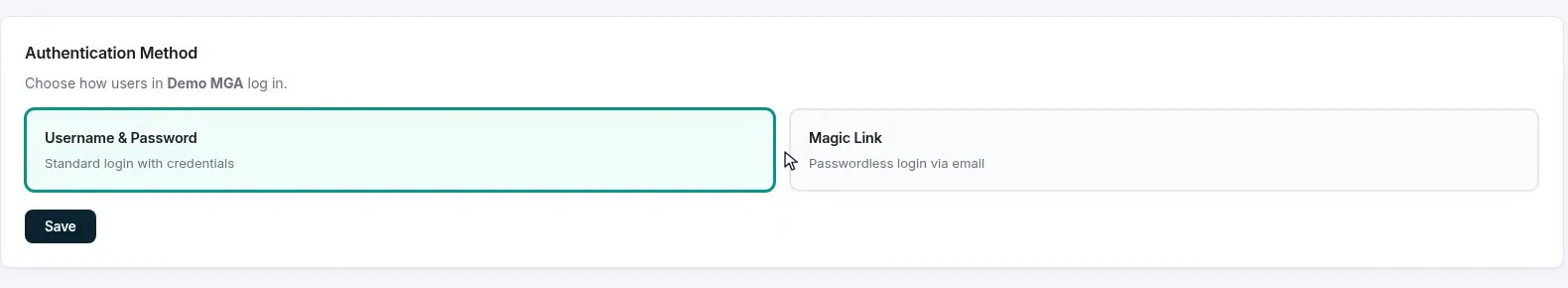 The authentication method setting for this organization, offering username and password or a passwordless magic link