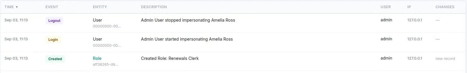 The top of the audit trail showing the impersonation starting and stopping and the role being created, each with the user, the IP address and the time