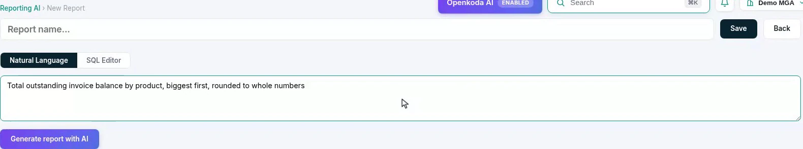 The Reporting AI page with a question typed in plain English and a generate button, beside a tab offering a SQL editor instead