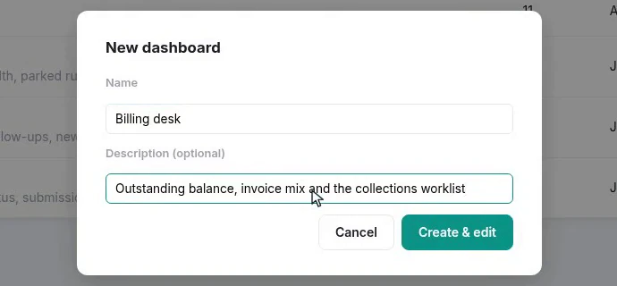 The new dashboard dialog asking for a name and a line describing what the board is for