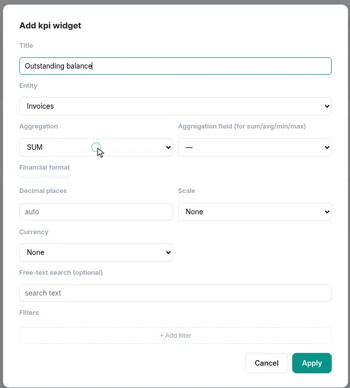 The KPI widget editor with a title, the invoices entity, a SUM aggregation, the field to add up and financial formatting options