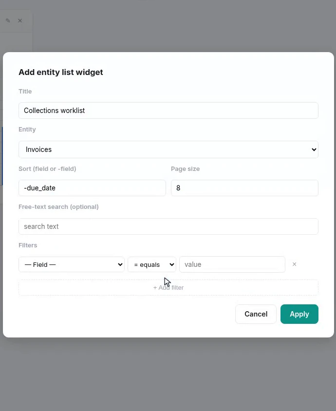 The entity list widget editor with the invoices entity, a sort order, a page size and a status filter