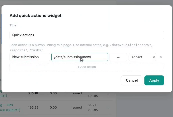 The quick actions widget editor, each row a label and the internal path it links to